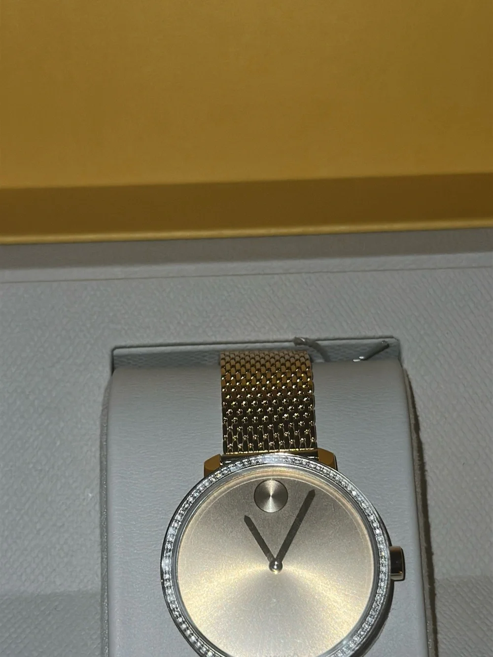 Movado Gold Dial Watch with Crystal Bezel and Mesh Bracelet